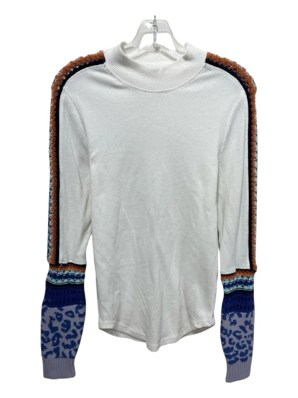 Free People Size L White, Blue & Orange Cotton Blend Waffle Knit Long Sleeve Top