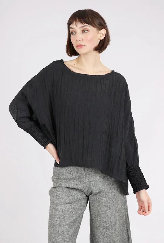 Smocked Cuff Boxy Top, Black