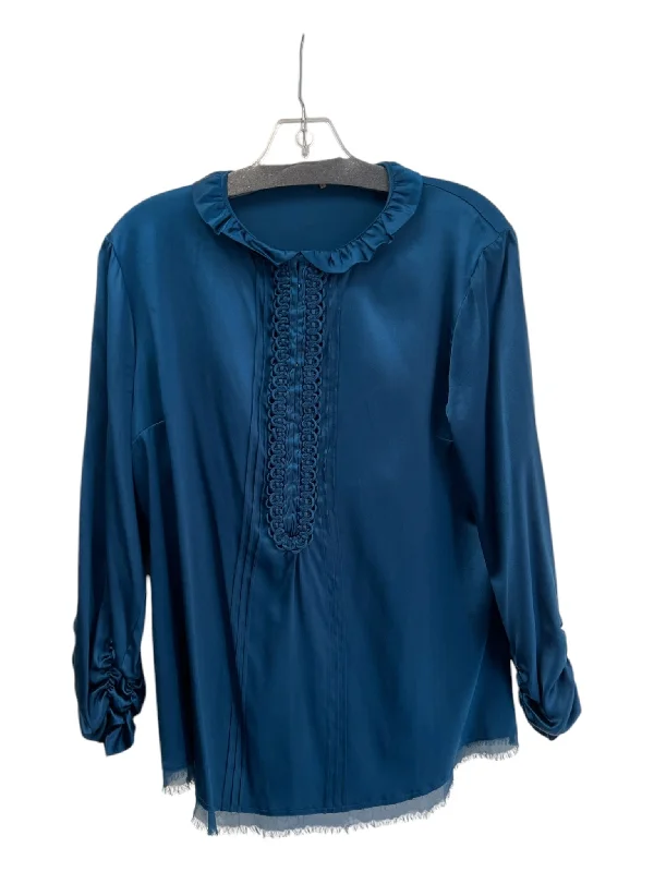 Elie Tahari Size L dark blue Silk V Neck Ruffle Detail Long Sleeve Top