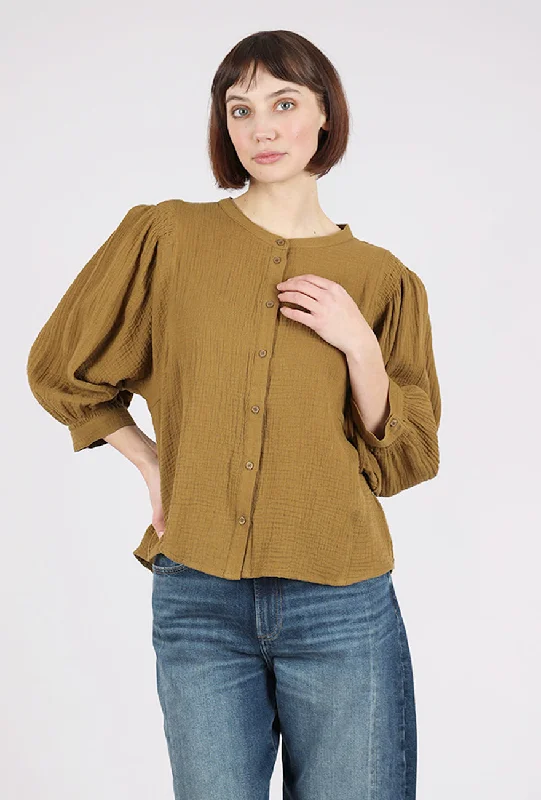 Smocked-Shoulder Gauze Top, Brown Olive