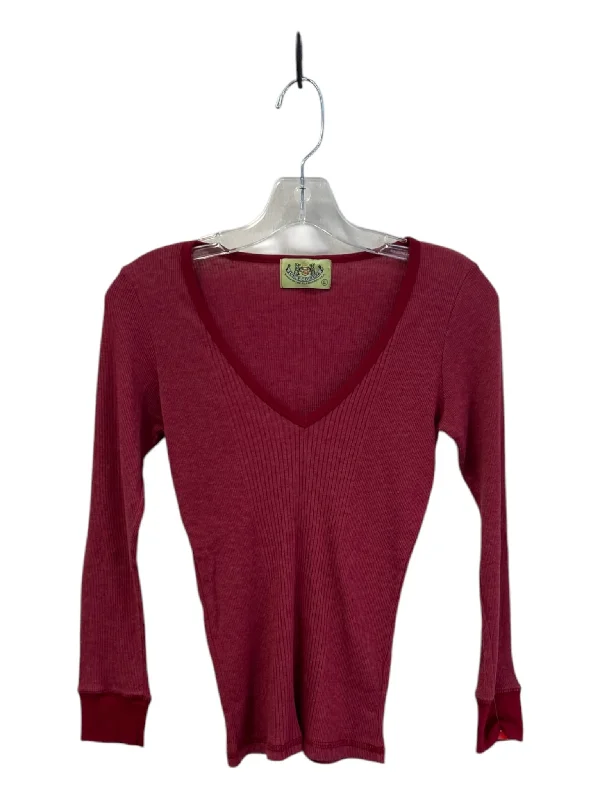 Juicy Couture Size L Red Cotton & Polyester Long Sleeve V Neck Ribbed Fitted Top