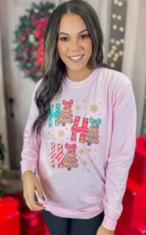 Pink HO HO HO Garment Dyed Long Sleeve Graphic Top