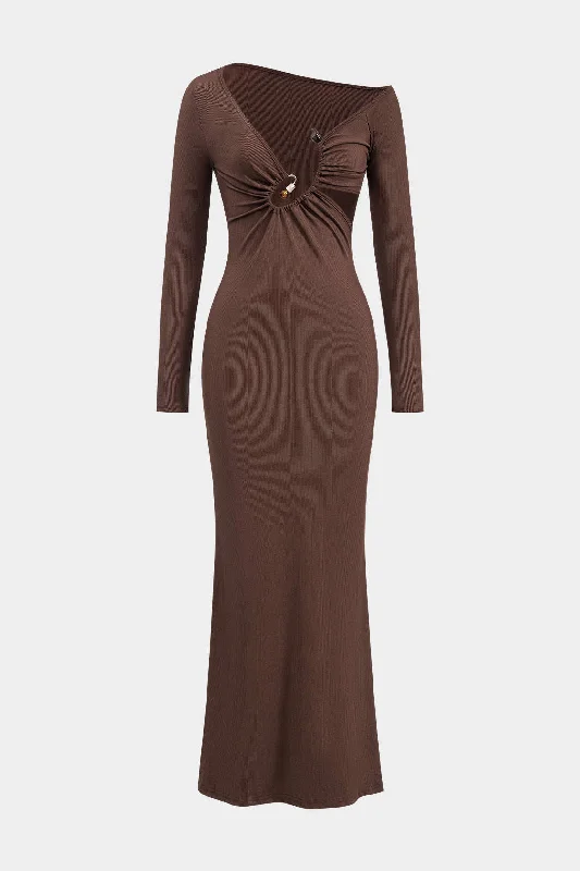 Metallic Beaded Cut Out Asymmetry Neck Long Sleeve Maxi Dress