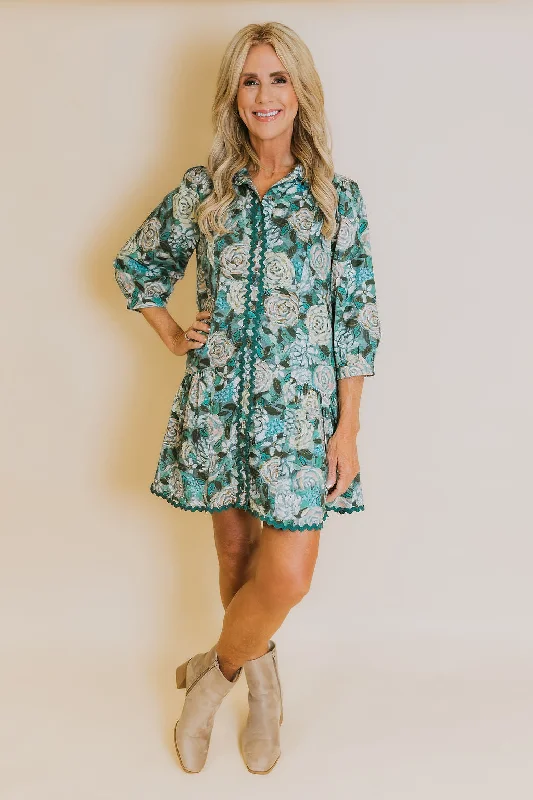 Rachel Ric Rac Floral Dress - Teal Green