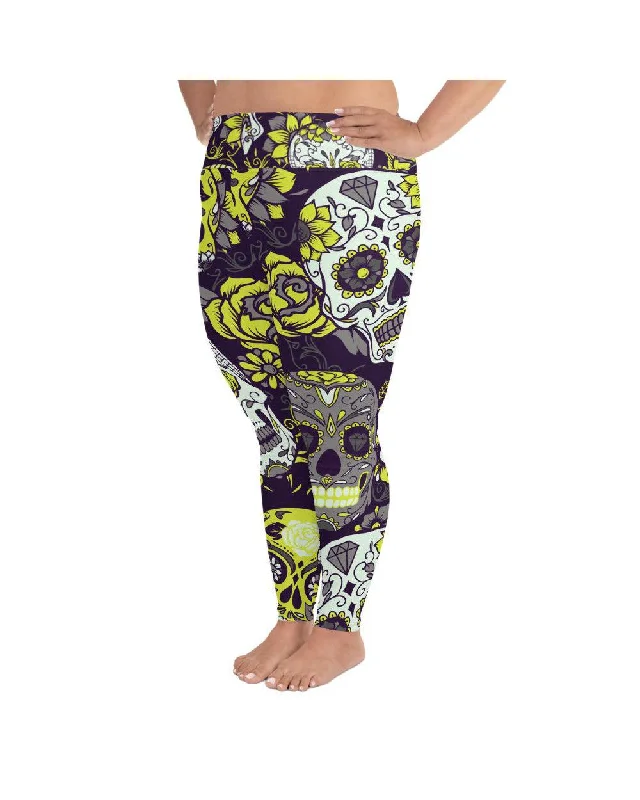 Sassy Yellow Sugar Skull Plus Size Leggings