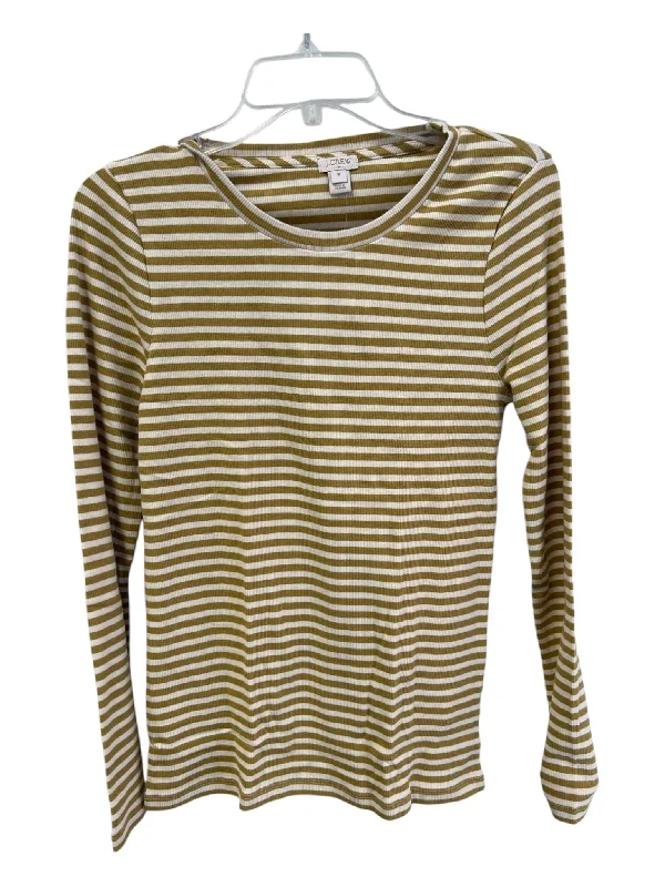 J Crew Size Medium White & Mustard Cotton Blend Prison Stripe Round Neck Top