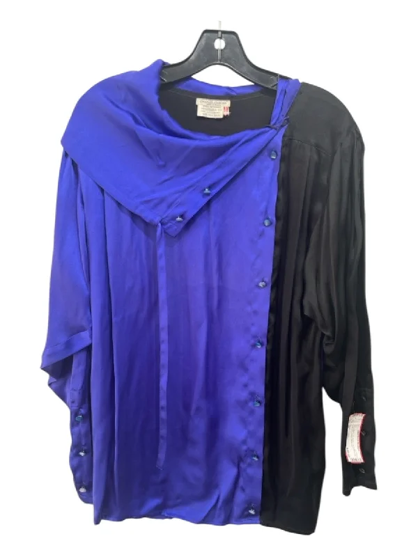 Charles Jourdan Size 38 Blue & Black Silk Button Up Drawstring Neck Top