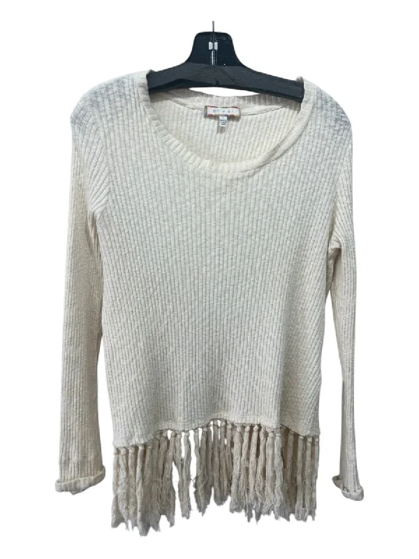 Eri + Ali Size L Cream Cotton Fringe Long Sleeve Scoop Neck Ribbed Top