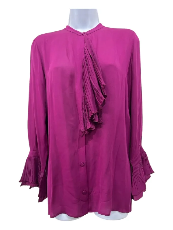 Gucci Size 42 Purple Silk Button Up Long Sleeve Ruffle Detail Micropleats Top