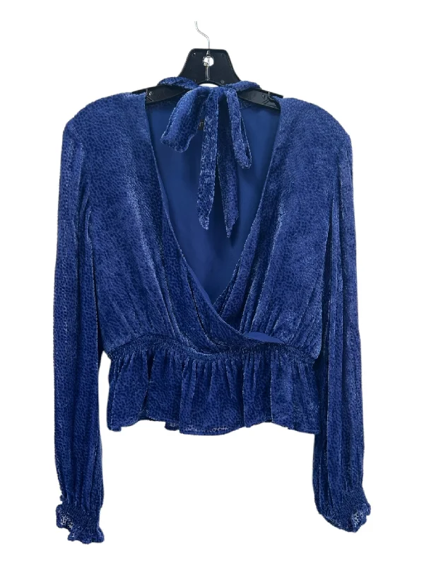 Intermix Size S Blue Viscose Blend Deep V Tie Neck Textured Long Sleeve Top