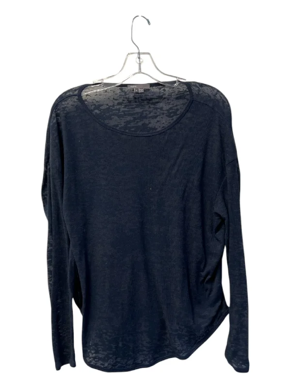 Vince Size L Navy Cotton Blend Semi Sheer Long Sleeve Round Neck Pull Over Top