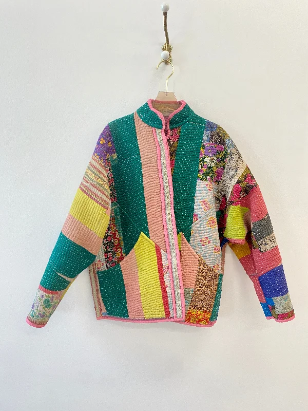 Reversible Ladhiya Quilted Jacket in Bubblegum Pink, Tan, Blue, Floral Patchwork & Printed Multi-Colored Patchwork, Pink, Green