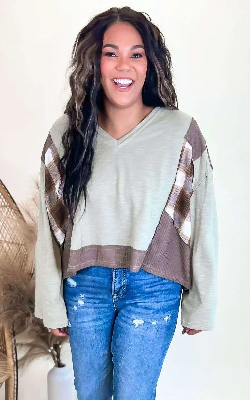 Olive Plaid Contrast V-Neck Long Sleeve Top | POL - Final Sale**