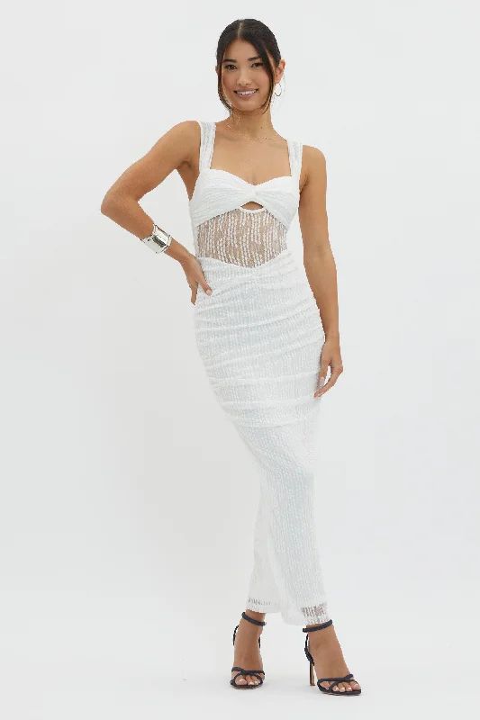 Oliana Embroidered Mesh Midi Dress White