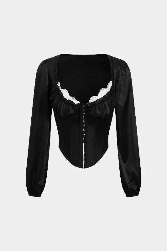 Satin Button Patchwork Corset Long-Sleeve Shirt