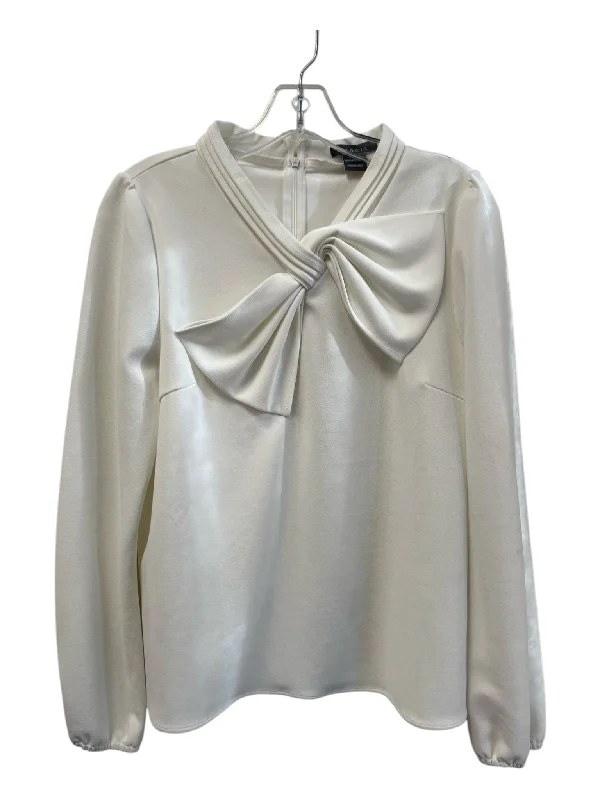 Gracia Size Large Cream Polyester Long Sleeve Back Zip Bow Detail Boxy Fit Top