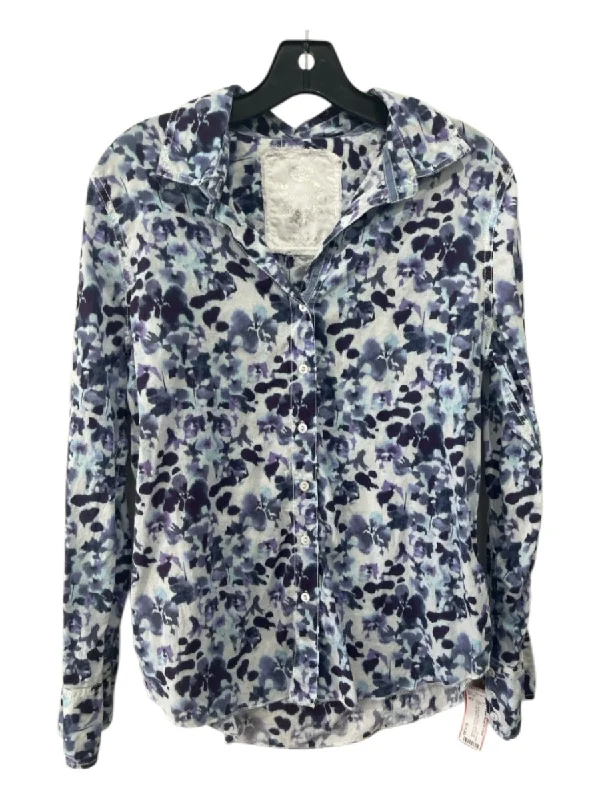 Cino Size M White, Purple & Blue Cotton Button Up Floral Long Sleeve Top