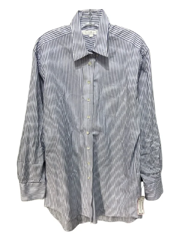 claridge + king Size L White & Black Cotton Button Up Vertical Stripes Top