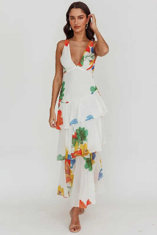 Veda Strappy Back Ruffle Maxi Dress White