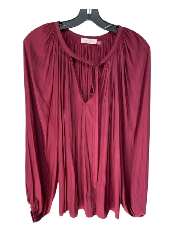 Ramy Brook Size M Burgundy Red Polyester Tie V Neck Long Sleeve Pleated Top