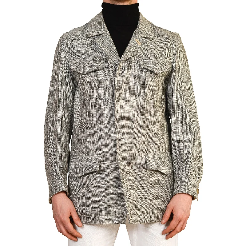 D'AVENZA "BANDERAS" Gray Wool Silk Linen Field Jacket Leather Trims EU 50 NEW US 40