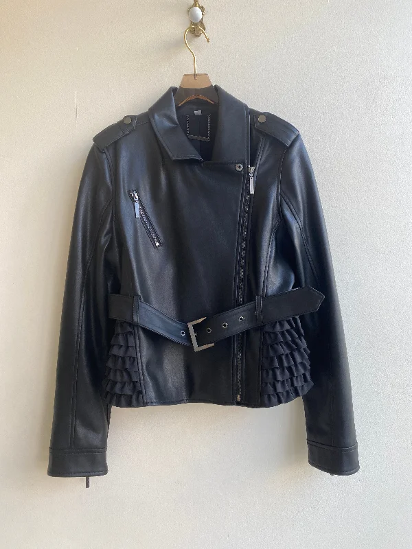 Nicole Miller | Black Ruffle Back Faux Leather Biker Jacket (Vintage)