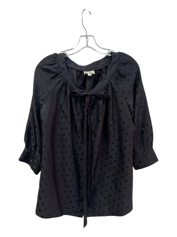 Milly Size 6 Black Silk Neck Tie Polka Dot Button Up Long Sleeve Top