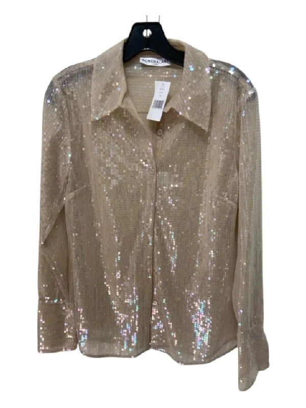 Nonchalant The Label Size XS Beige Polyester Sequin Iridescent Button Up Top