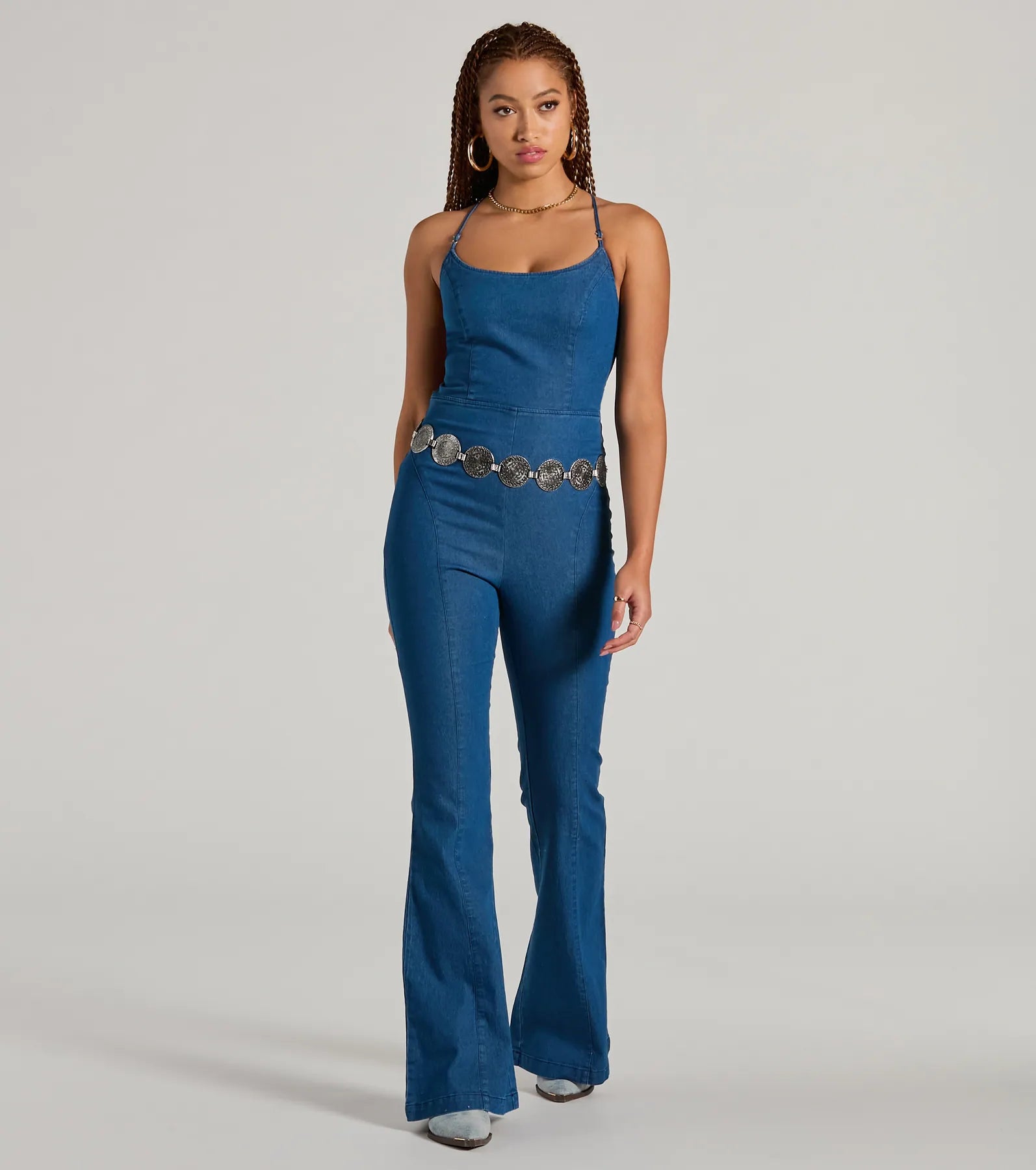 Casual And Cool Lace-Up Flare Denim Jumpsuit