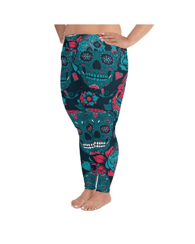 Blue Sugar Skull Plus Size Leggings