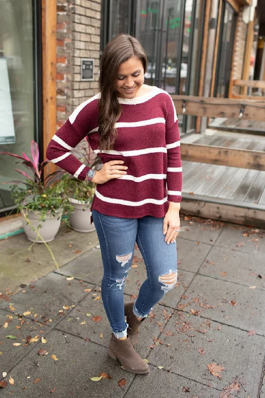 Dk Burgundy Striped Lightweight Oversized Hi Lo Sweater