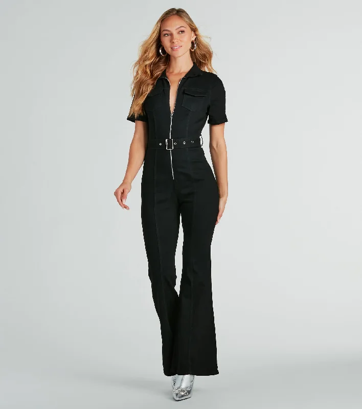 Revamped Retro Belted Flare Denim Jumpsuit