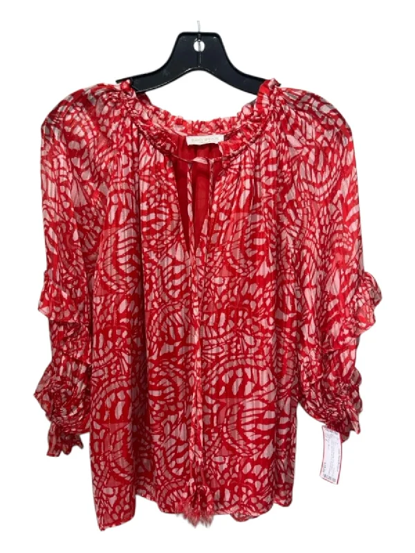 Ramy Brook Size S Red & White Viscose Long Sleeve V Neck Gold Trim Top