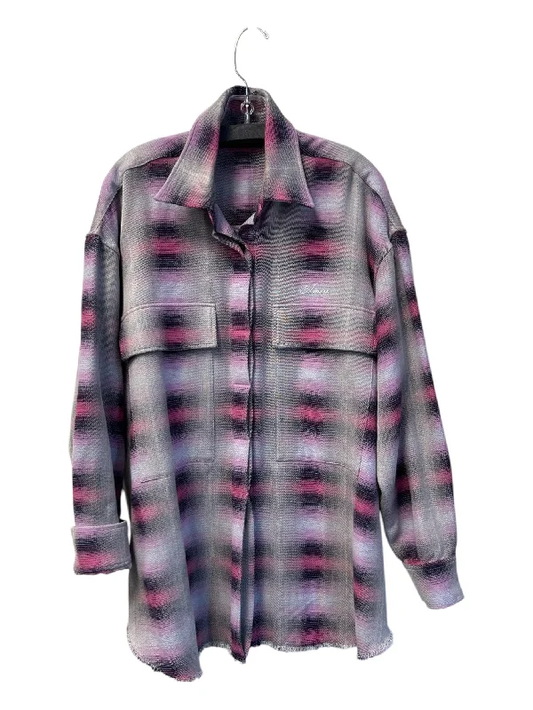 Amiri Size Small Purple & Black Cotton Blend Long Sleeve Plaid Raw Hem Top