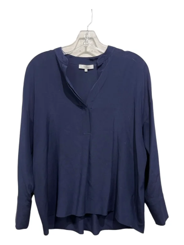 Vince Size XS Navy Blue Silk Half Button Semi Sheer Long Sleeve Top