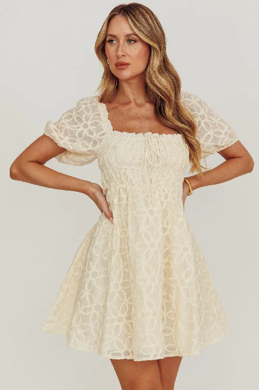 Dandelions Puff Sleeves A-Line Mini Dress Cream