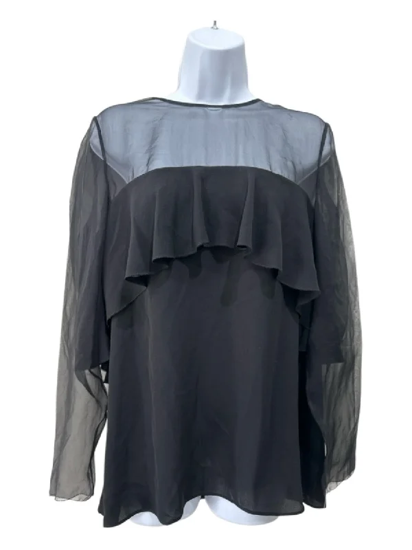 Valentino Size 10 Black Silk Ruffle Detail Long Sleeve Back Zip Sheer Sleeve Top