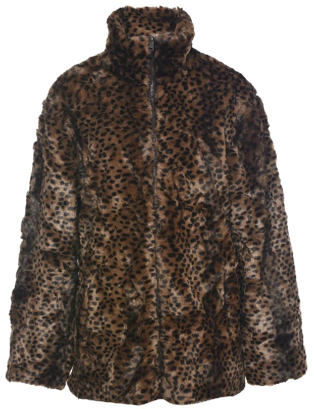 Leopard Pattern Faux Fur Coat - L