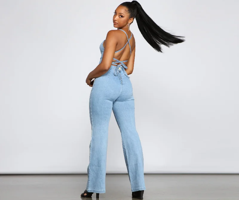 Retro Icon Lace Up Denim Jumpsuit