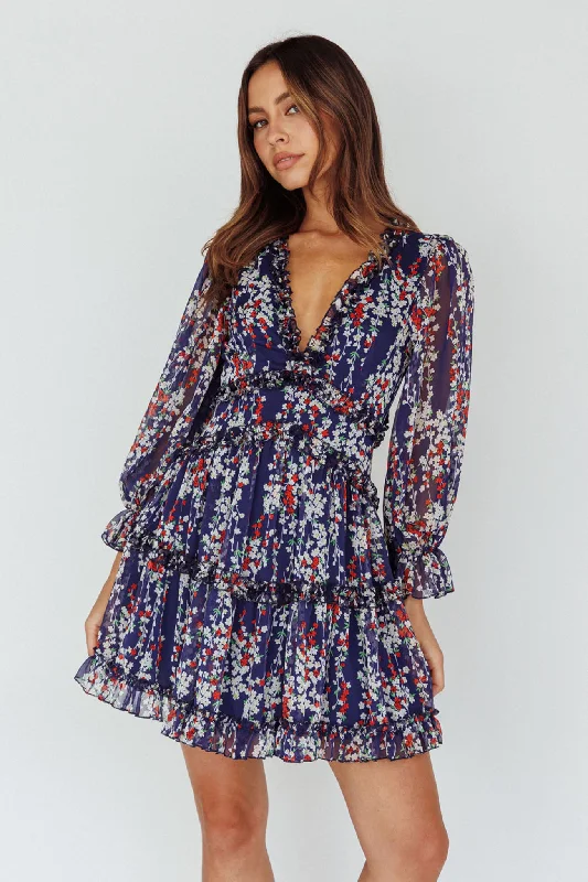 Laney Cutout Back Ruffle Detail Floral Dress Navy