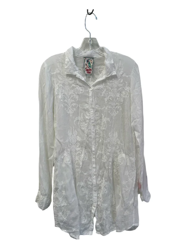 Johnny Was Size S White Cupra Rayon Button Down Lace Collared Long Sleeve Top