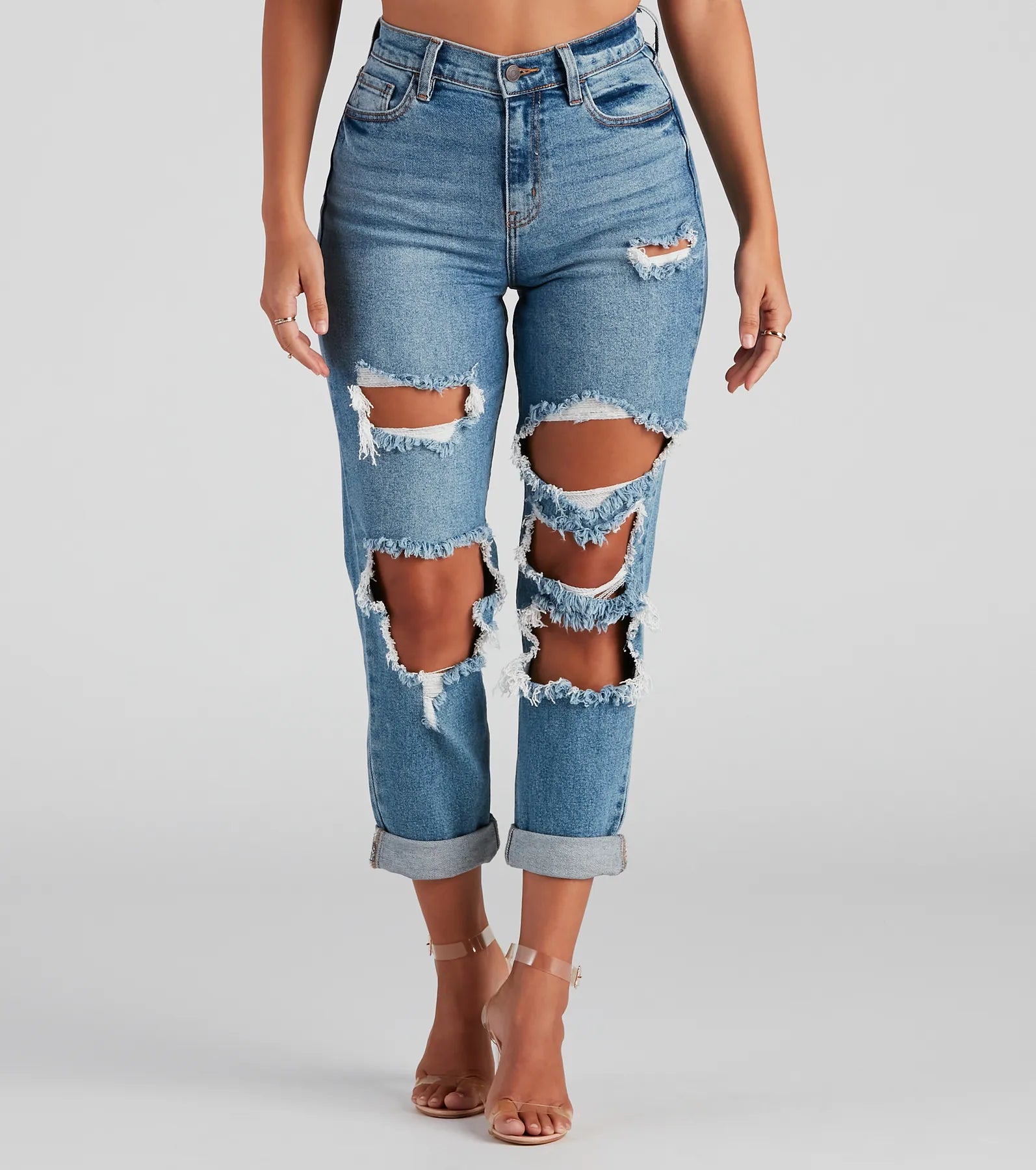 Totally Destructed Cuffed Mom Jeans