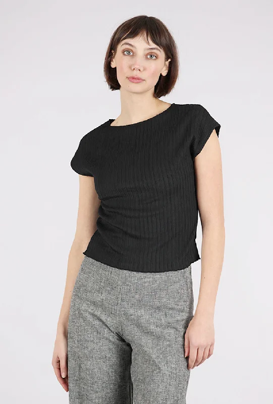 Micropleat Cap-Sleeve Top, Black