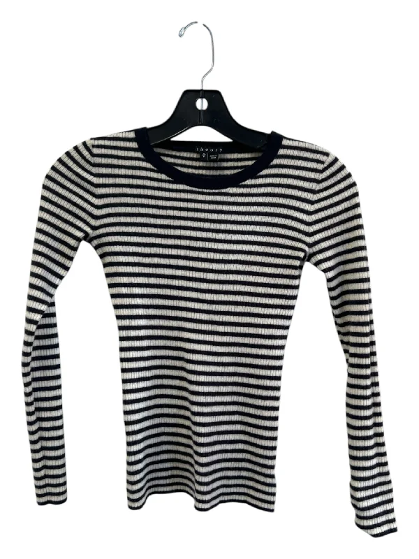 Theory Size S White & Navy Wool Stripe Long Sleeve Round Neck Fitted Top