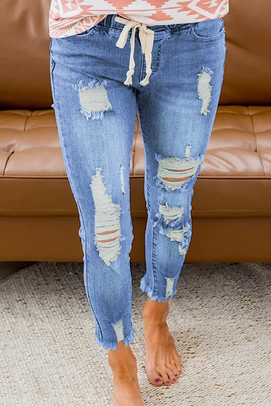 KittenAlarm - Women's Casual Washed Ripped Jeans Skinny Leg Elastic Waist Drawstring Denim Pants