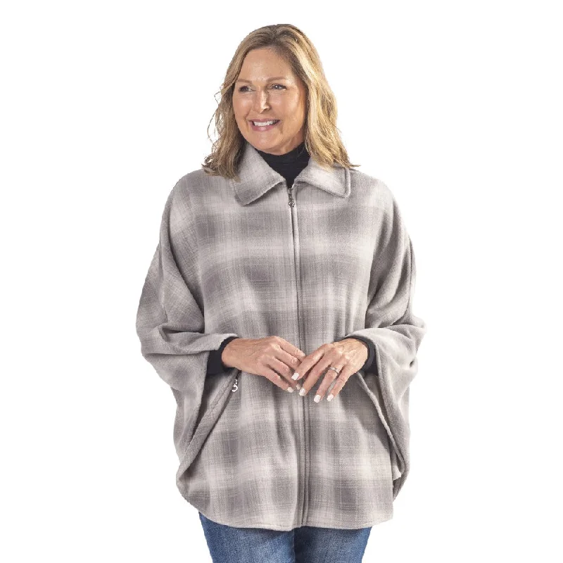 Winter Warm White and Grey Plaid Full Zip Fleece Cape