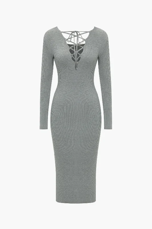 Knitted Cut Out Tie-Up Slit Long Sleeve Dress