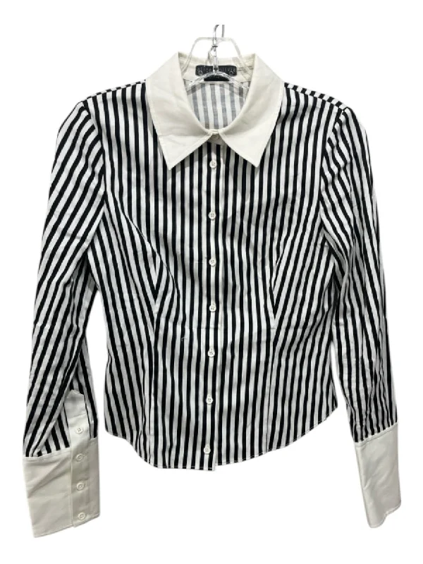 Alice + Olivia Size XS White & Black Cotton Blend Vertical Stripes Top