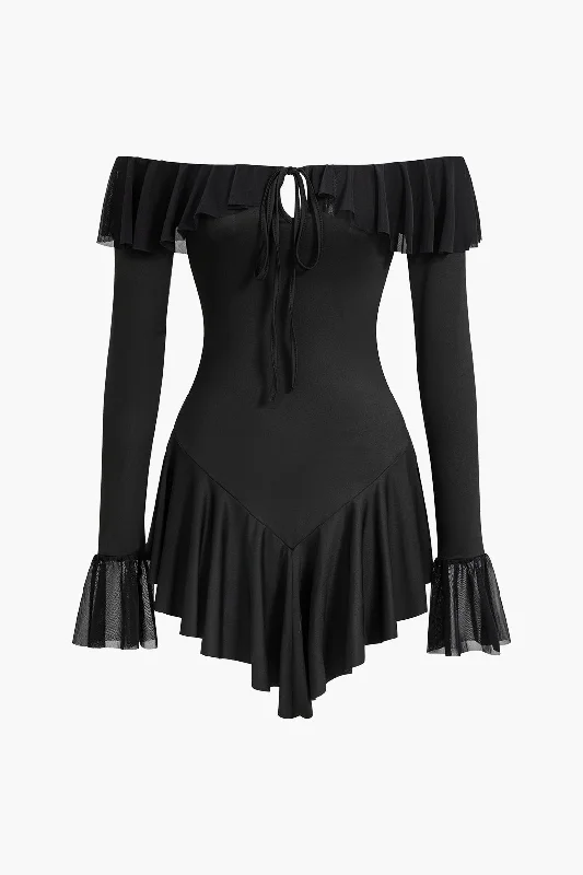 Mesh Ruffle Tie Front Off Shoulder Long Sleeve Mini Dress