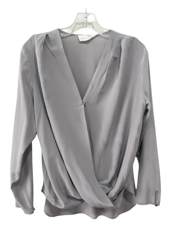 Amanda Uprichard Size S Gray Silk Surplice Long Sleeve Button Closure Top